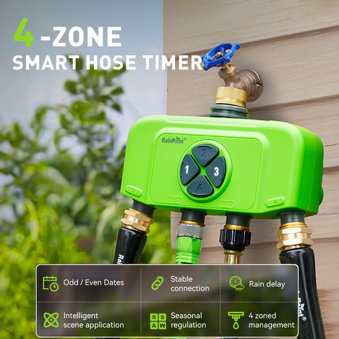 RainPoint 4-Zone WiFi Sprinkler Timer โ Brass, App/Voice Control, Weather Auto-Schedule