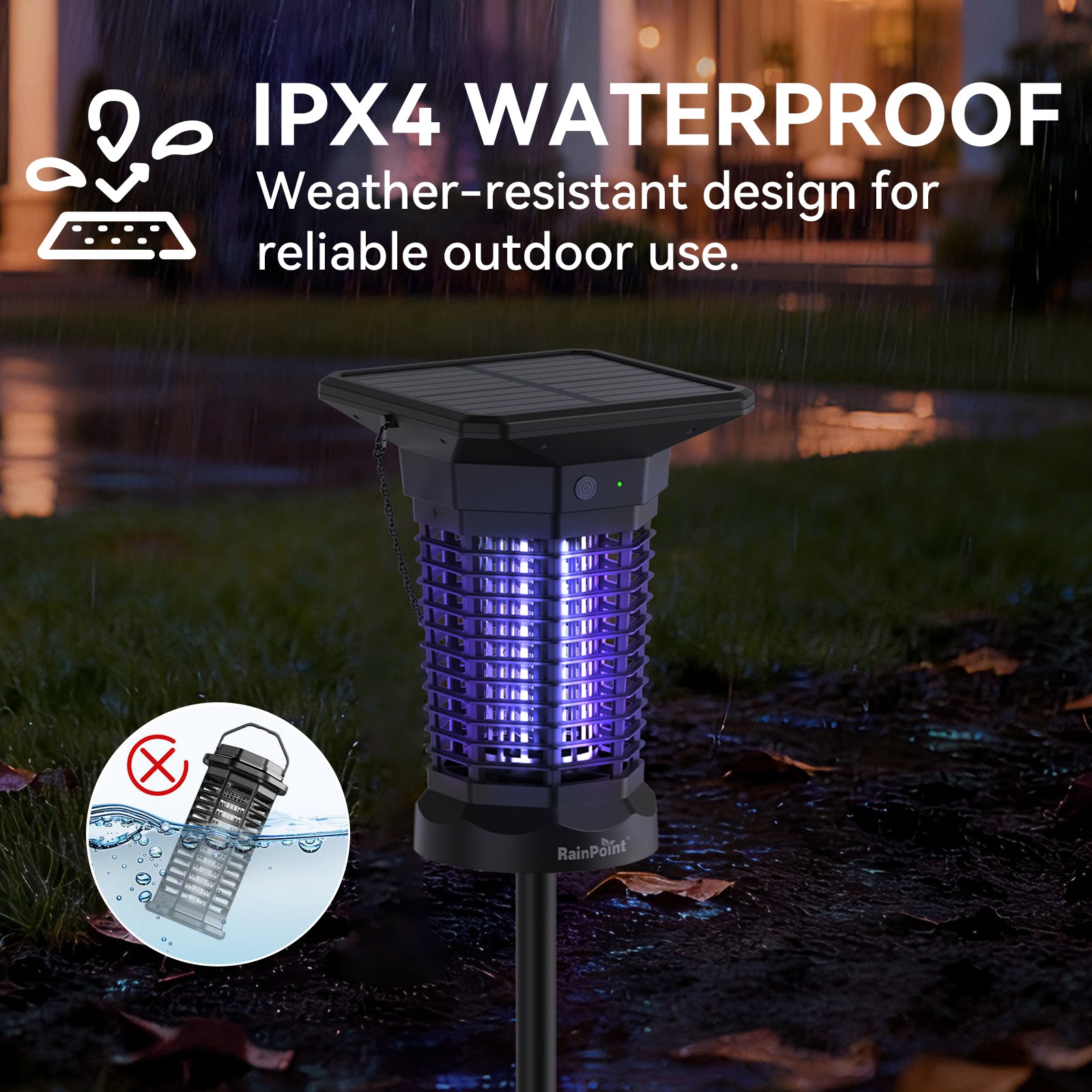 RainPoint Solar Bug Zapper Outdoor – 3000V Electric Grid, Cordless, Day & Night Protection