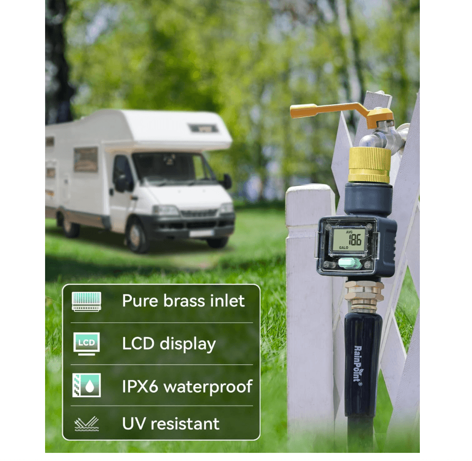 RAINPOINT Water Flow Meter with Brass Inlet, Garden Hose Watering, Lawn Sprinkler & Nozzle Sprayer