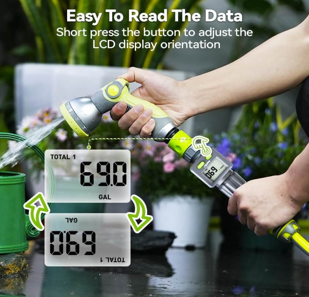 Garden hose water flow meter showing real-time consumption