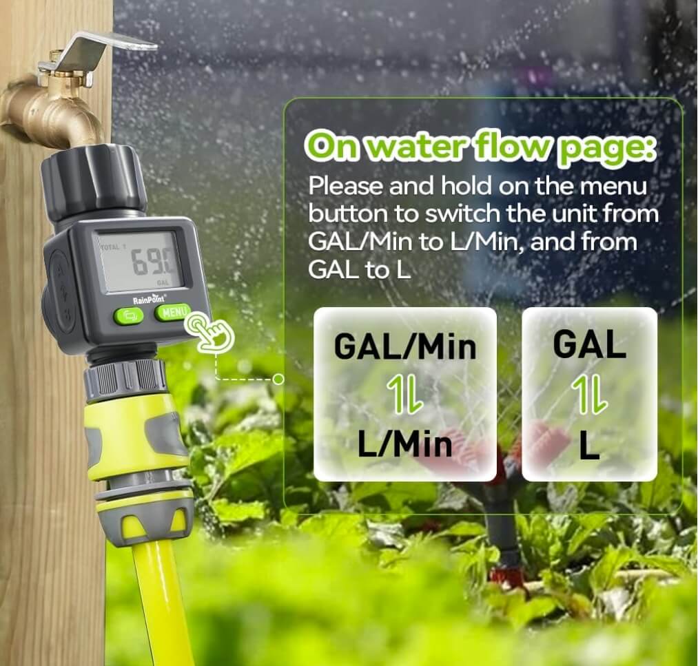 Outdoor water flow meter for sprinkler and garden watering
