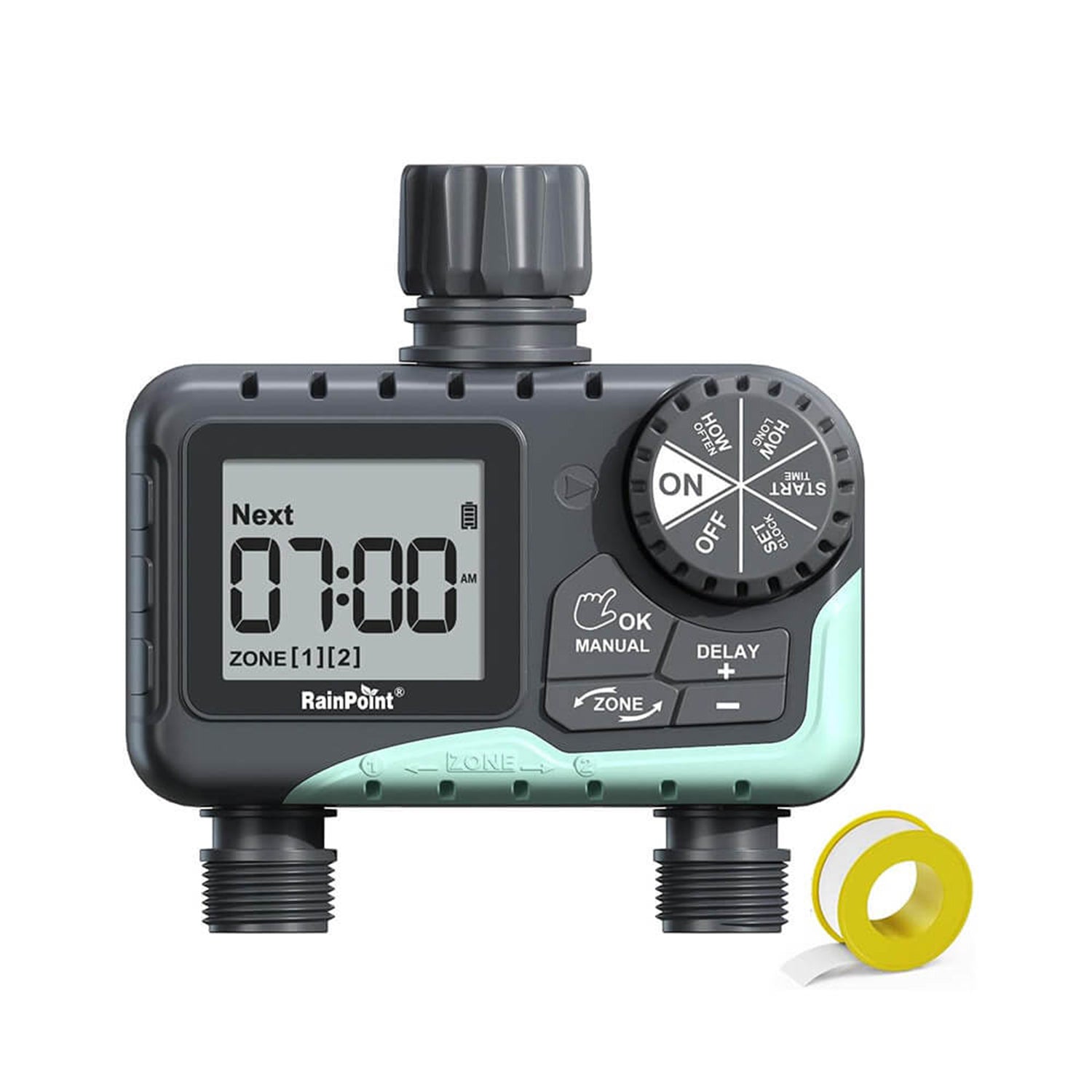 RainPoint 2 Outlet Digital Hose Timer product with LCD display