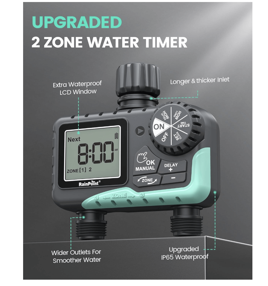 RainPoint digital hose timer installed for automatic garden watering