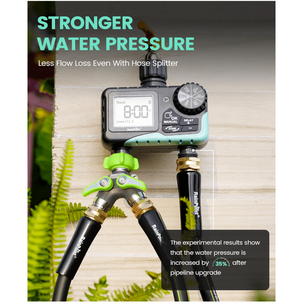 Programmable garden hose timer controlling two watering zones