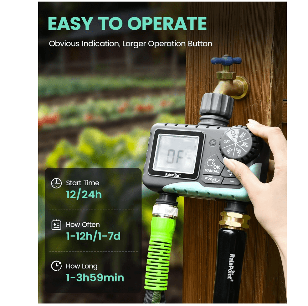 Two outlet hose timer for outdoor plant watering system